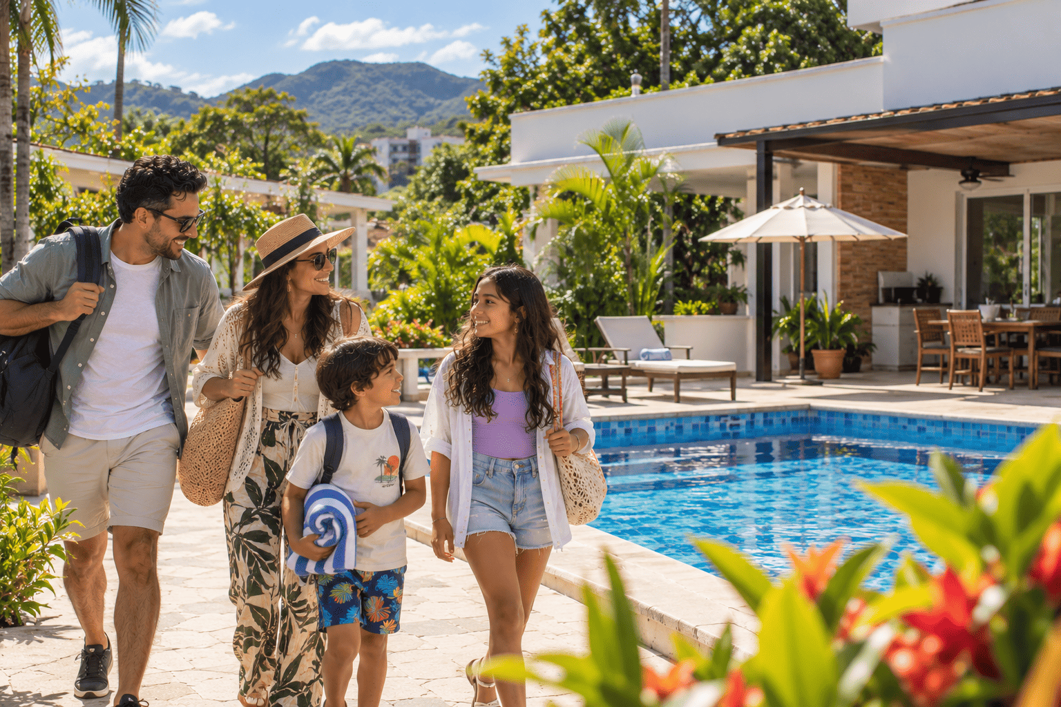 Familia feliz junto a la piscina tropical Foto - Casa campestre con piscina